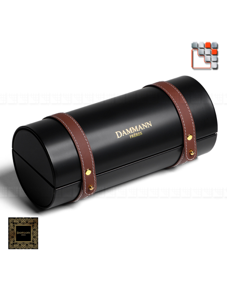 Luxurious cylindrical case Dammann Frères travels discreetly with you.