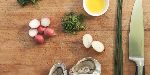 Oysters a la plancha tartare with radish, shallots and herbs